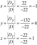 Now to compute the solutions, that means to find the values of x, y and z, we have the following setup. To solve for x, x is equal to the determinant of the X-matrix D divided by the determinant coefficient matrix D which gives us x = |Dx|/|D| = 22/-22 = -1. Additionally, to solve for y, y is equal to the determinant of the Y-matrix D divided by the determinant of coefficient matrix D which gives us y = |Dy|/|D| = -132/-22 = 6. Lastly, to solve for z, z is equal to the determinant of the Z-matrix D divided by the determinant of coefficient matrix D which gives us z = |Dz|/|D| = -22/-22 = 1. Therefore, x=-1, y=6 and z=1.