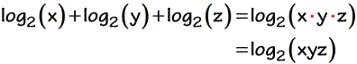log base 2 of (x) plus log base 2 of (y) plus log base 2 of (z) is equal to log base 2 of (xyz)