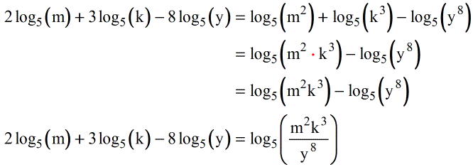 2 times the log base 5 of (m) plus 3 times the log base 5 of (k) minus 8 times the log base 5 of (y) is equal to log base 5 of the quantity m squared times k cubed over y raised to the 8th power