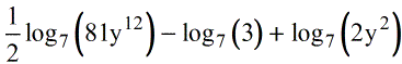 one half of log base 7 of the quantity 81 y raised to the 12th power minus log base 7 of (3) plus log base 7 of 2 y squared