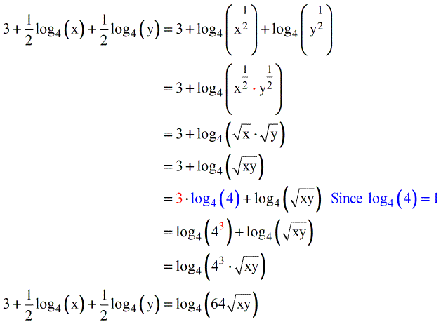 3 plus one half of log base 4 of (x) plus one half of log base 4 of (y) is equal to log base 4 of 64 times the sqrt of xy