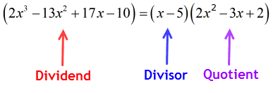 the dividend is 2x^3-13x^2+17x-10, the divisor is x-5 and the quotient is (2x^2-3x+2)