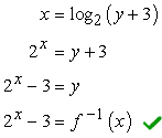The quantity 2 raised to x minus 3 is equal to f raised to negative 1 (x) 