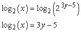 log base 2 of (x) is equal to 3y minus 5