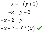 step 1: x = -(y+2); step 2: -x = y+2; step 3: -x-2=y; step 4: f^(-1)x = -x-2. therefore, the inverse of f(x) is f(-1)x =-x-2.