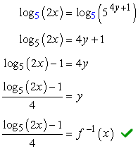 log base 5 of (2x) minus 1 over 4 is equal to f raised to negative 1 x