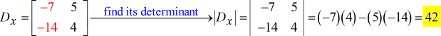 Solve the determinant of x-matrix, also known as D subscript x, with entries -7 and 5 on the first row, and entries -14 and 4 on the second row. The determinant of matrix Dx = [-7,5;-14,4] = |D| = |-7,5;-14,4| = (-7)(4) - (5)(-14) = -28 - (-70) = -28 + 70 = 42.