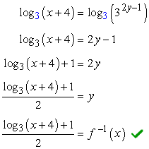 log of base 3 of the quantity x plus 4, plus 1, over 2 is equal to f raised to negative 1, (x)
