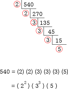 using the upside-down division, we get 540=2×2×3×3×3×5=(2^2)×(3^3)×5.