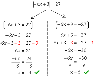 the solutions of the absolute value of -6x+3=27 are x=-4 and x=5