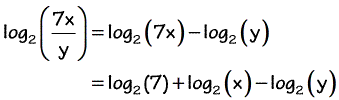 log base 2 of 7x over y is equal to log base 2 of (7) plus log base 2 of (x) minus log base 2 of (y)