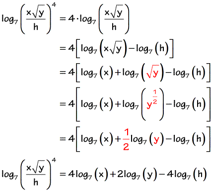 log base 7 of the quantity x sqrt of y over h, raised to the 4th power is equal to 4 times log base 7 of x plus 2 times log base 7 of y minus 4 times log base 7 of h