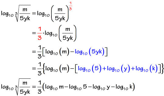 log base 10 of the cube root of m over 5yk is equal to one-third of the quantity log base 10 of m minus log base 10 of 5 minus log base 10 of y minus log base 10 of k 