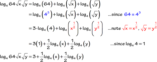 log base 4 of 64 times the sqrt of x times the sqrt of y is equal to 3 plus one half of log base 4 of x plus one half of log base 4 of y