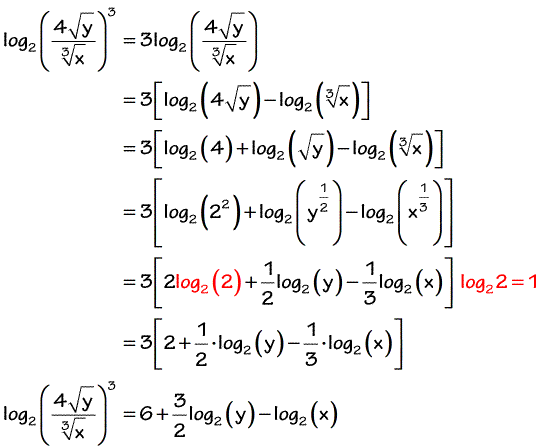log base 2 of the quantity 4 times sqrt of y over the cube root of x raised to the third power is equal to 6 plus 3 over 2 times the log base 2 of y minus log base 2 of x