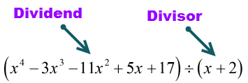 the dividend is x^4-3x^3-11x^2+5x+17 while the divisor is x+2