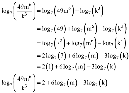 the logarithm of  is equal to 2 plus 6 times the log of base 7 of m minus 3 times the log of base 7 of k