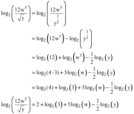 log base 2 of  = 2 + log base of 2 of 3 + 5 times log base of 2 of w - (1/2) of log base 2 of y