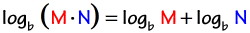 log base b of M times N is equal to log base b of M plus log base b of N
