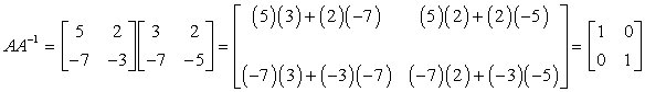 this shows that matrix A when multiplied by its inverse A^-1 results to the identity matrix I. in the same manner, when the inverse of matrix A when multiplied to matrix A also gives the identity matrix which means that they are commutative under the operation of matrix multiplication. Therefore, AA^-1 = [5,2;7,-3] [3,2;-7,-5} = [1,0;0,1].
