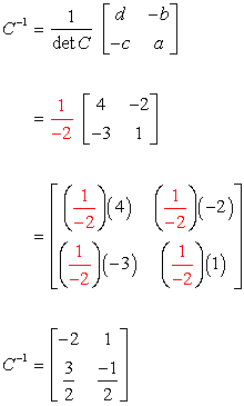 to find the inverse of 2x2 matrix C, first, we obtain the determinant of matrix C. we found it to be -1/2. now we multiply (-1/2) to the rearranged matrix C we swapped the positions of elements a and d, and get the opposites of elements b and c. we show that C^-1 = (-1/2)*  = [-2,1;3/2,-1/2].