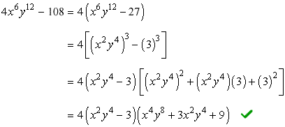 4x^6y^12-108=4(x^2y^4-3)(x^4y^8+3x^2y^4+9)