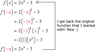 f(x)=2x^2-3 when plugged in with -x gives back the original function f(-x)=2x^2-3