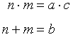 n times m equals a times c, while the sum of n and m equals b