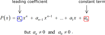 in P(x), a sub n is the leading coefficient while a sub zero is a constant term