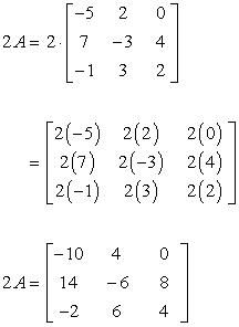 The product of scalar quantity 2 and matrix A is a new matrix called 2A with elements -10, 4 and 0 on the first row, elements 14, -6 and 8 on the second row, and elements -2, 6 and 4 on the third row. We can write this as 2A = [-10,4,0;14,-6,8;-2,6,4].