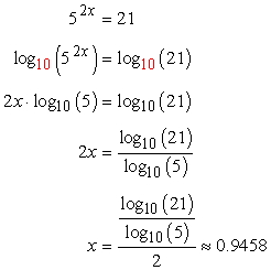 This is a complete solution to the exponential equation 5^(2x) = 21. We have 5^(2x) = 21 ==> log of base 10 of [5^(2x)] = log of base 10 of 21 ==>(2x) * log base of 10 of 5 = log base of 10 of 21 ==> 2x = (log of base 10 of 21)/(log of base 10 of 5) ==> x = [(log base 10 of 21)/(log base 10 of 5)] / 2 ≈ 0.9468. Therefore x is approximately equal to the decimal number 0.9458.