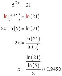 On the other hand, we can solve the exponential equation 5^(2x) = 21 using logarithm with the base "e", also known as the Euler's number. Here are the steps. 5^(2x) = 21 ==> ln [5^(2x)] = ln(21) ==> (2x)*(ln(5) = ln(21) ==> 2x = [ln(21)]/[ln(5)] ==> x = [ln(21)/ln(5)]/2 ==> x ≈0.9458. As you can see, we arrived at the same answer when we solved the same exponential equation using the logarithms of bases 5, 10 and e (Euler's constant).