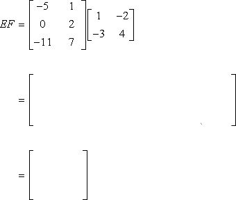 This is an animated GIF image that shows the product of matrices E and F where matrix E is the left matrix while F is the right matrix. This step by step solution in multiplying matrix E to matrix F yields a product of a rectangular matrix with entries -8 and 14 on its first 1st row, entries 6 and 8 on its 2nd row, and entries -32 and 50 on its 3rd row. Therefore, we can write the final product as EF = [-8,14;-6,8;-32,50]. 