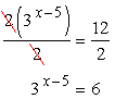 To begin solving this exponential equation, divide both sides by 2. {2[3^(x-5)]}/2 = 12/2 ==> 3^(x-5) = 6 which is a less intimidating exponential equation to work with.