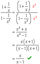 The second method to simply the complex fraction is to multiply the upper and lower fractions by the least common denominator of their denominators. In this example, it is x^2. So we have [(1+1/x)]/[1-(1/x^2)] * (x^2/x^2) = (x^2+x)/(x^2-1)=x/(x-1). The final answer is x/(x-1).