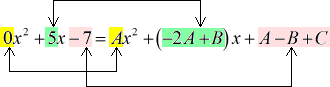 0x^2+5x-7=Ax^2+(-2A+B)x+A-B+C