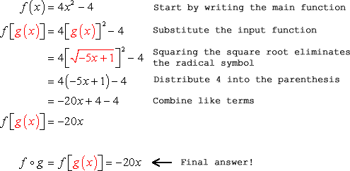 There are the steps to find f-compose-g with x. Start by writing the parent function (outer function), substitute the input function, square the square root to eliminate the radical symbol, perform the distributive property then finally combine like terms. f=4x^2-4=4^2-4=4^2-4=4(-5x+1)-4=-20x+4+4=-20x. The final answer is f o g = f= -20x.