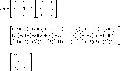 This is an animated GIF image showing how to find the product of matrix A and matrix E. The product of matrices A and E is defined since the number of columns of matrix A is 3 which is equal to the number of rows of matrix E. The final product is a three by two rectangular matrix with entries of 25 and -1 on its first row, entries of -79 and 29 on its second row, and entries of -17 and 19 on its third row. Therefore, A*E=[25,-1;-79,29;-17,19].