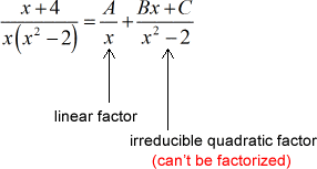 linear factor: A/x; quadratic factor is (Bx+C/(x^2-2)