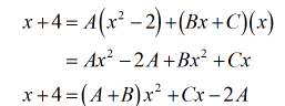 x+4=(A+B)x^2+Cx-2A