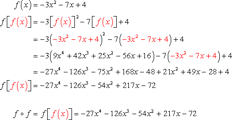 f=-3^2-7+4=-3(-3x^2-7x+4)^2-7(-3x^2-7x+4)+4=-27x^4-126x^3-75x^2+168x-48+21x^2+49x+4=-27x^4-126x^3-54x^2+217x-72. So the final answer when the function f is composed with itself is f o f = f = -27x^4-126x^3-54x^2+217x-72.