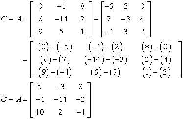 The difference of matrices C and A is a matrix with 5, -3, and 8 on the first row; -1, -11 and -2 on the second row; and finally 10, 2 and -1 on the third row. This can be expressed also as C minus A = [5,-3,8;-1,-11,-1;10,2,-1].