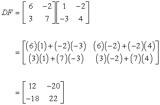 Matrices D and F are multiplied. Since both matrices have the same dimension or size, that is both 2 by 2 matrix, their product is defined. The product of matrices D and F is a 2x2 matrix with elements 12 and -20 on the first row, and elements -18 and 22 on the second row. That means, D*F=[12,-20;-18,22].