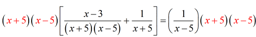 (x+5)(x-5){{(x+3)/} + } = (x+5)(x-5)