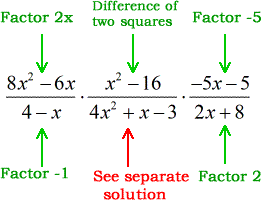 factor out 2x in 8x^2-6x, factor out -1 in 4-x