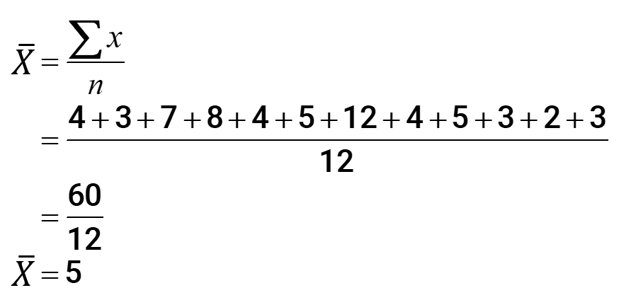Mean = (∑x)/n = (4+3+7+8+4+5+12+4+5+3+2+3)/12 = 60/12 = 5. Therefore Mean = 5.