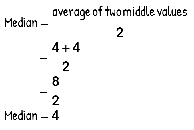 Median = average of two middle values/2 = (4+4)/2 = 8/2 = 4. The median is 4.