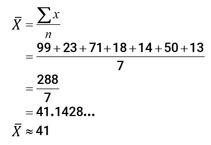 Mean = (∑x)/n = (99+23+71+18+14+50+13)/7 = 288/7 = 41.1428... Mean ≈ 41.