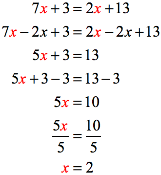 the complete solution to the multi-step linear equation 7x+3=2x+13 is the following: 7x+3=2x+.3 → 7x-2x+3=2x-2x+13 →5x+3=13 →5x+3-3=13-3 → 5x=10 → (5x)/5 = 10/5 → x=2/