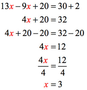 the solution to the linear equation that requires more than two steps. we show that 13x-9x+20=30+2 → 4x+20-20=32-20 → 4x = 12 → (4x)/4 = 12/4 → x=3.